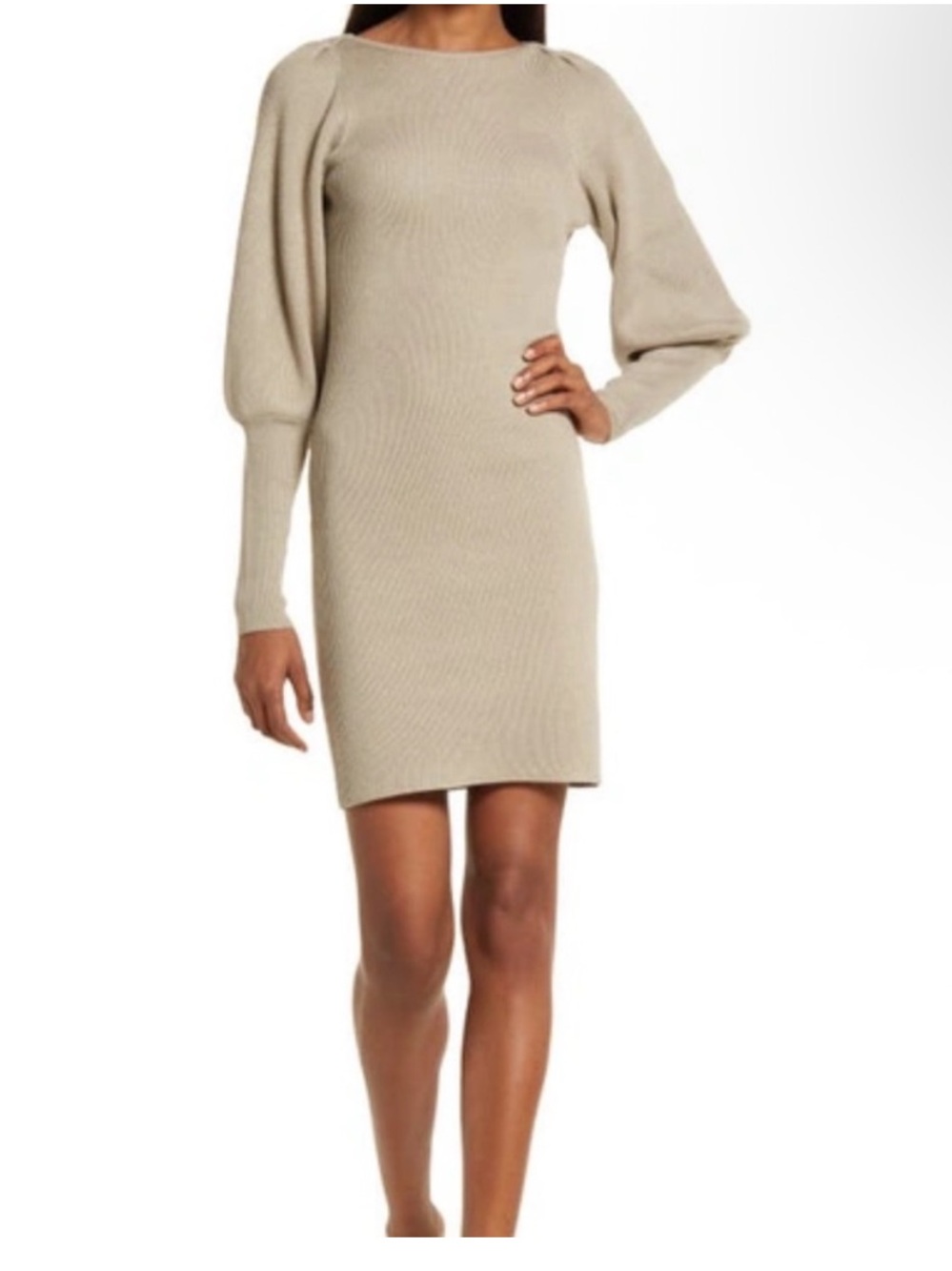 FRENCH CONNECTION Beige Ribbed Joss Balloon Sleeve Sweater Dress - Picture 1 of 6